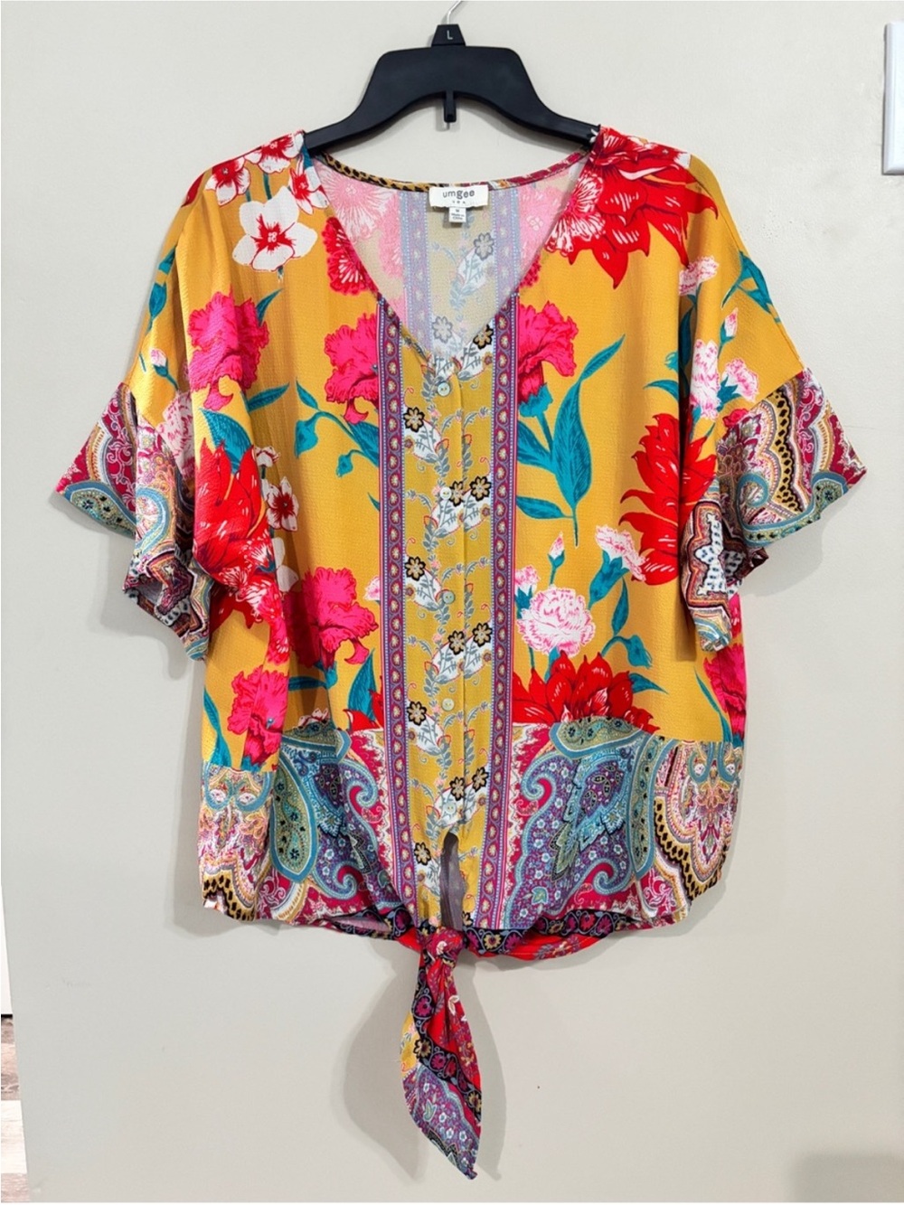 Umgee Mustard Floral Tie-Front Boho Blouse